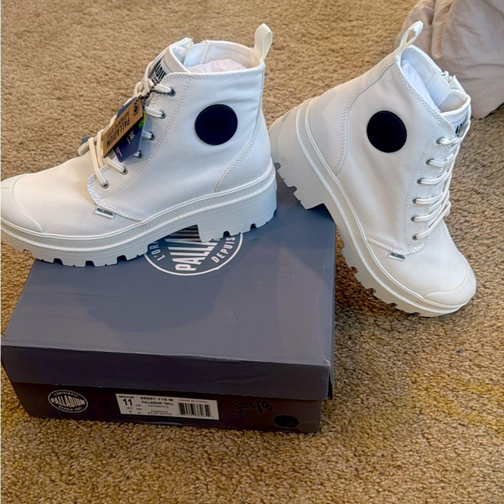 Heeled boots white canvas with rubber sole and toe, black rubber decal.